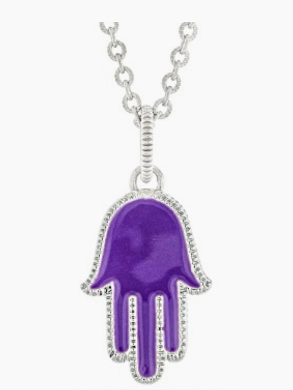 NWB Judith Ripka Purple Enamel Hamsa Hand Rhodium Over Sterling Silver Necklace